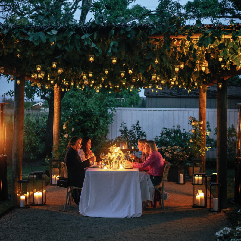 4 women dine outdoors at a table under a canopy of trees